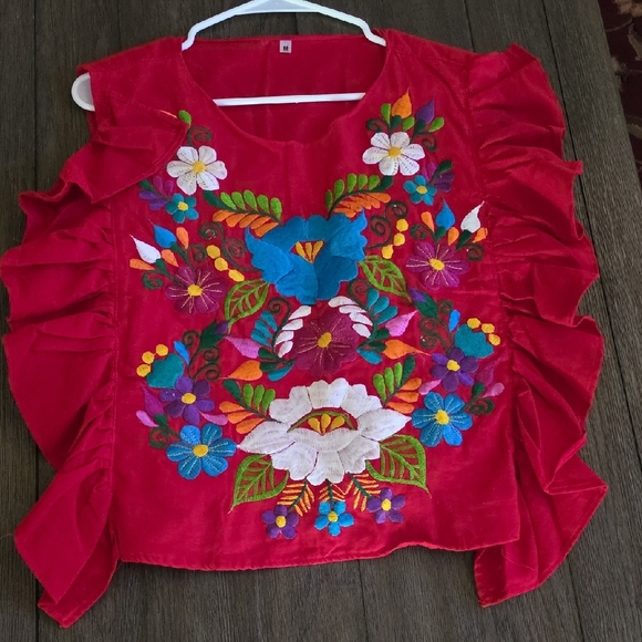 Red Embroidered Floral Ruffle Women's Top - Picture 9 of 16